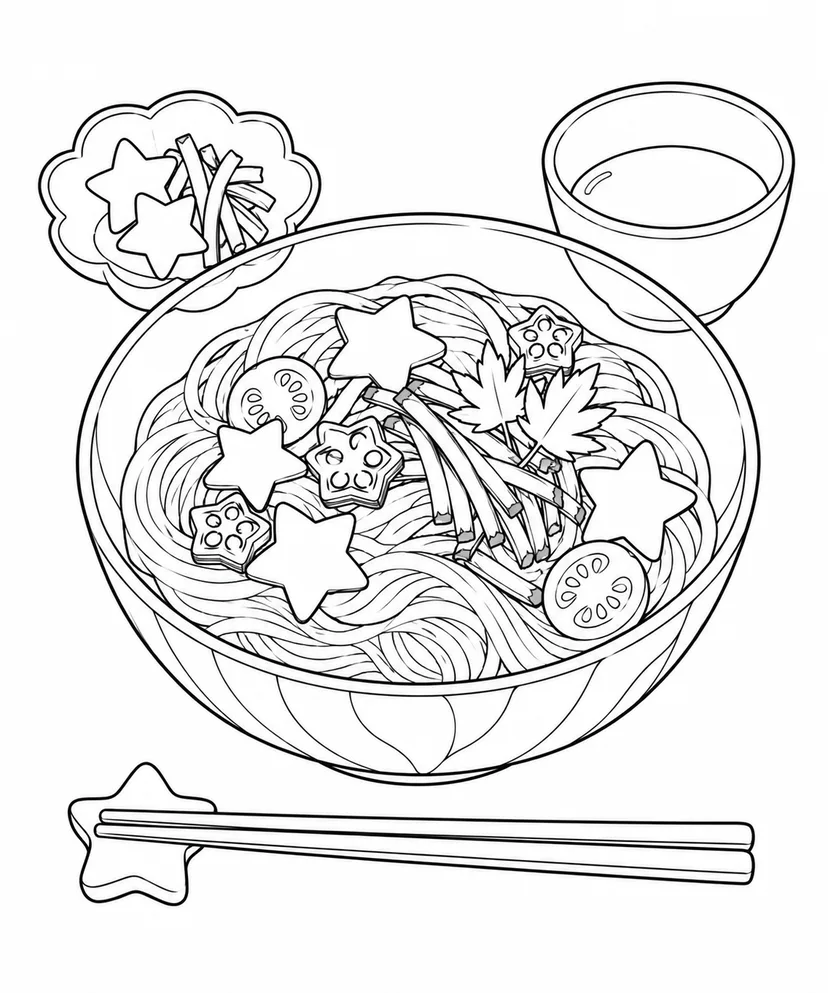 Desenho de Macarrão de Tanabata com legumes em forma de estrela para colorir