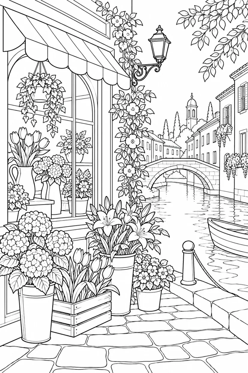 運河に面した花屋の窓の塗り絵