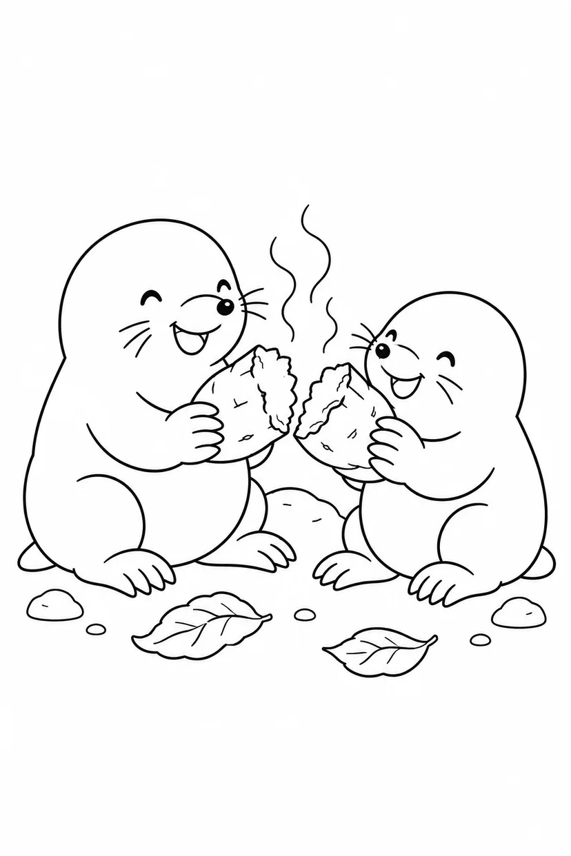 焼き芋を分けるもぐらの塗り絵