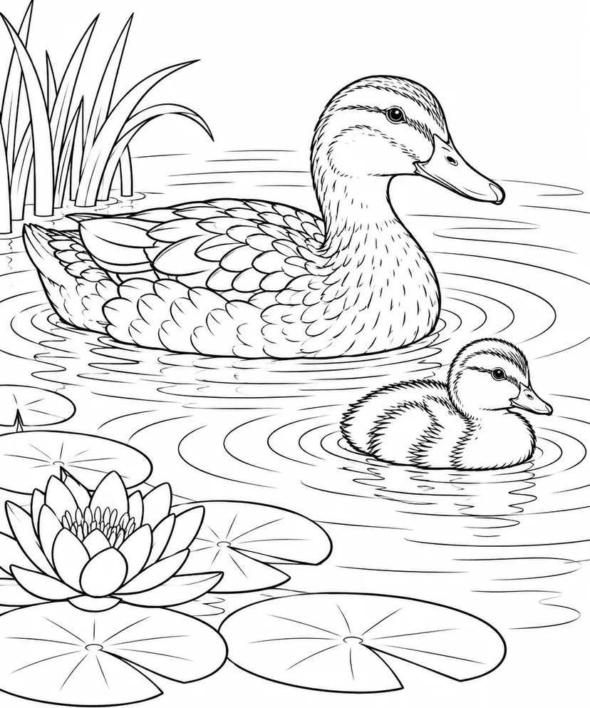 観察スケッチ：カモと広がる波紋の塗り絵