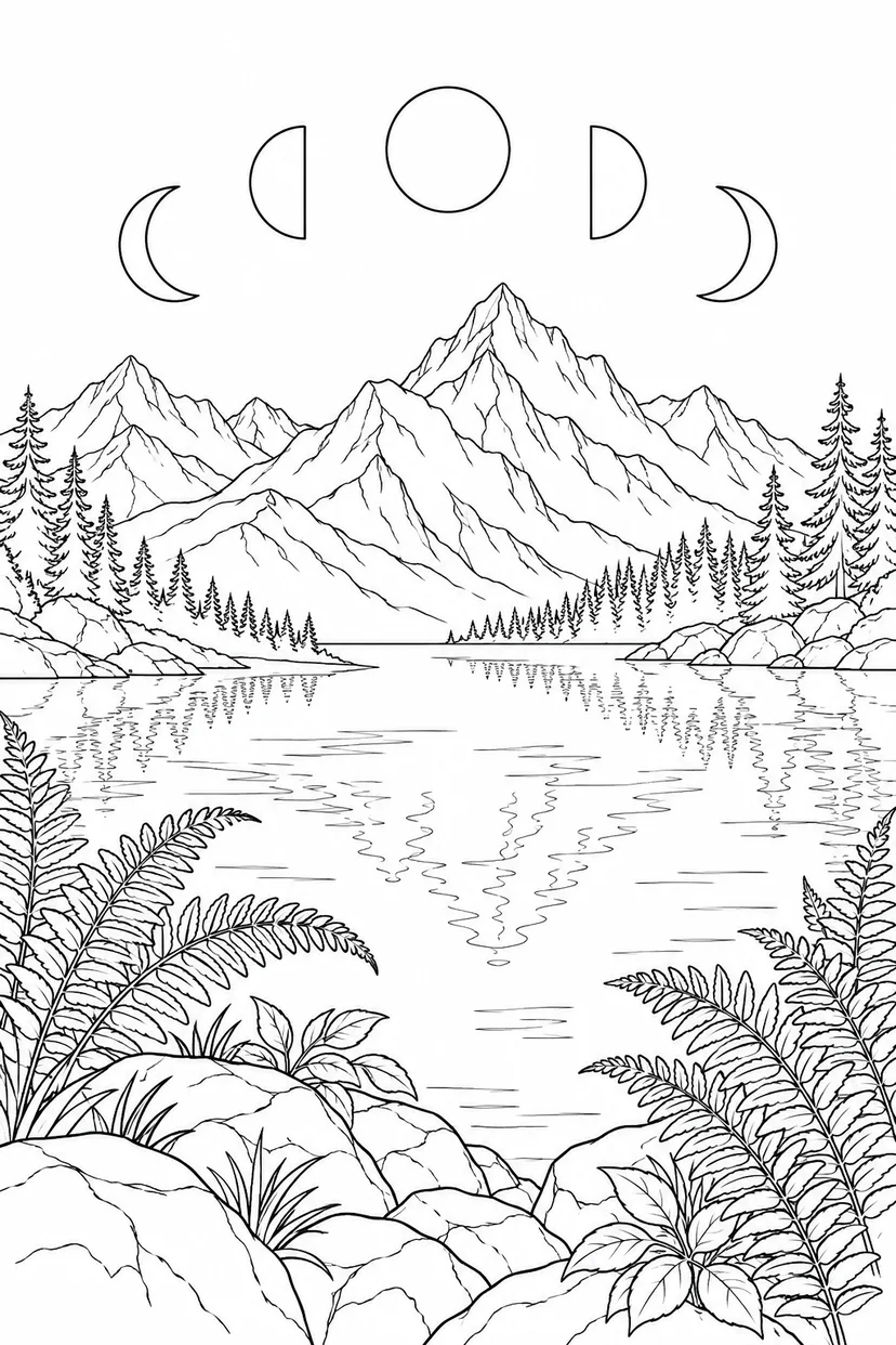 高山湖とシダと月の満ち欠けの塗り絵