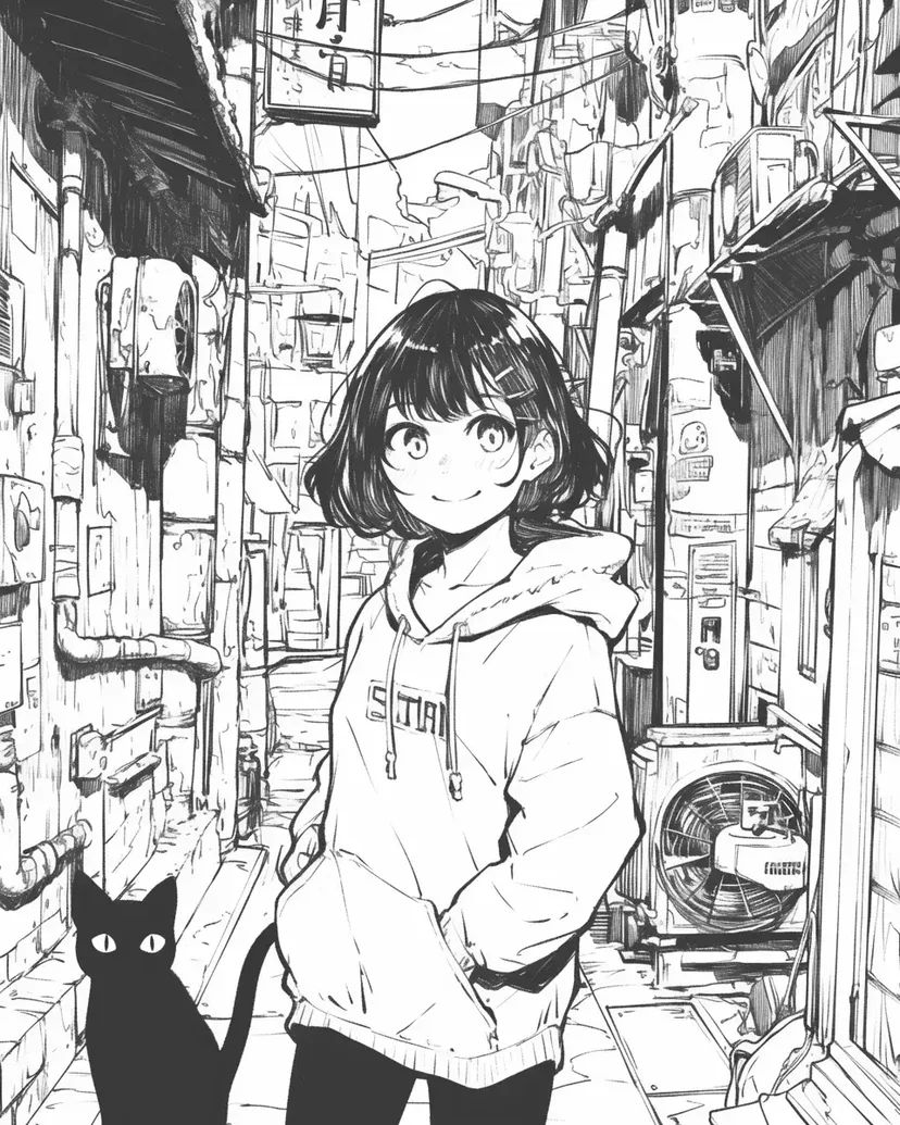 路地裏の少女と黒猫の塗り絵