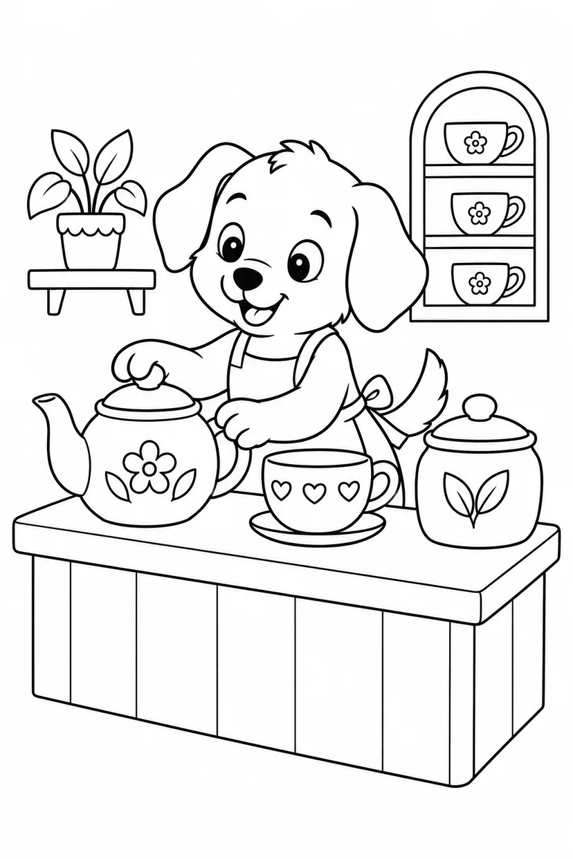 こいぬのお茶屋さんの開店準備の塗り絵