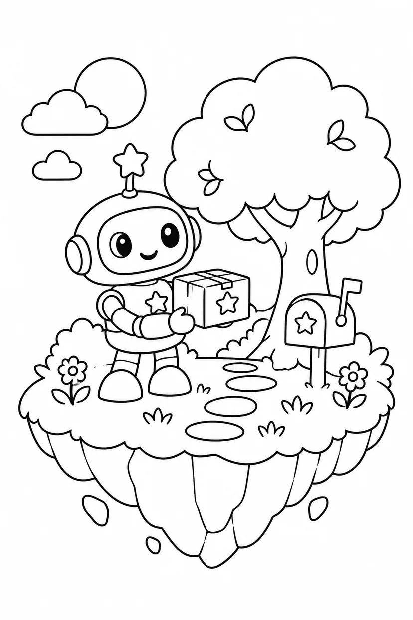 星の配達ロボットと浮かぶ島の塗り絵