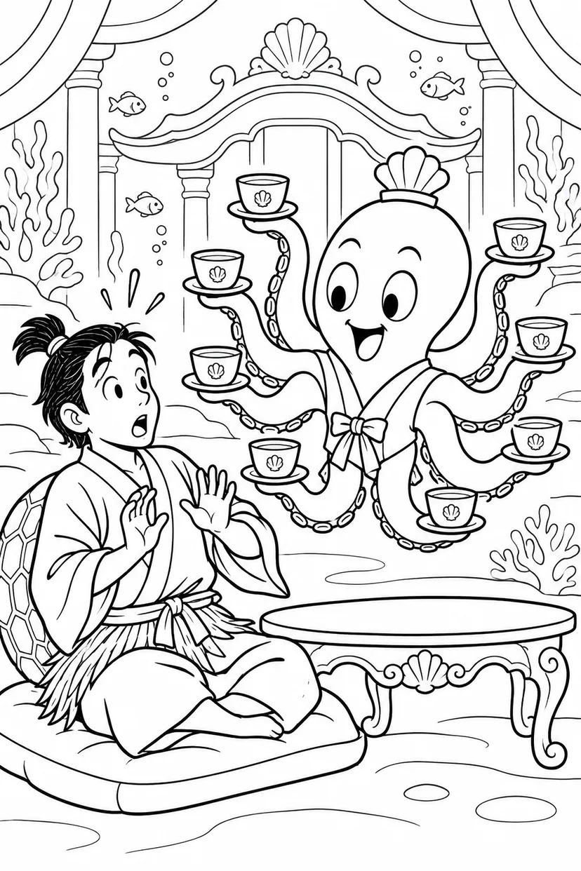 浦島太郎：タコ給仕のお茶が多すぎる（ギャグ）の塗り絵