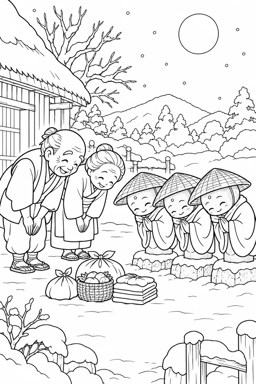 かさじぞう・みんなでお礼のおじぎ大会の塗り絵