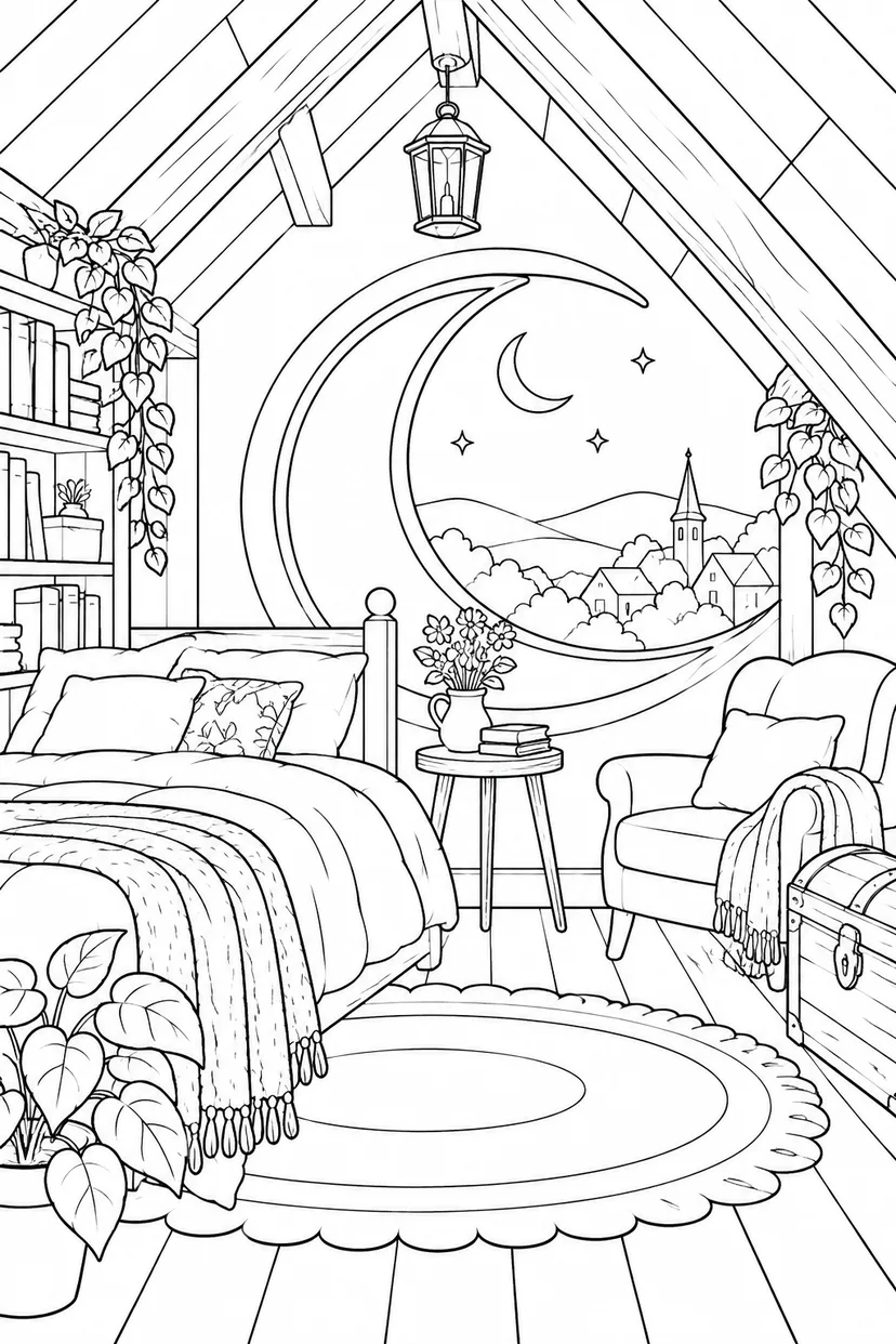 三日月の窓がある屋根裏部屋の塗り絵