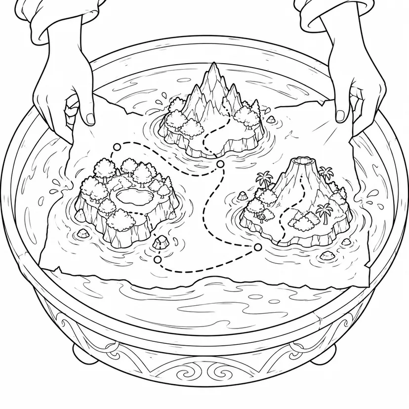 秘密の地図を水に浮かべる手の塗り絵