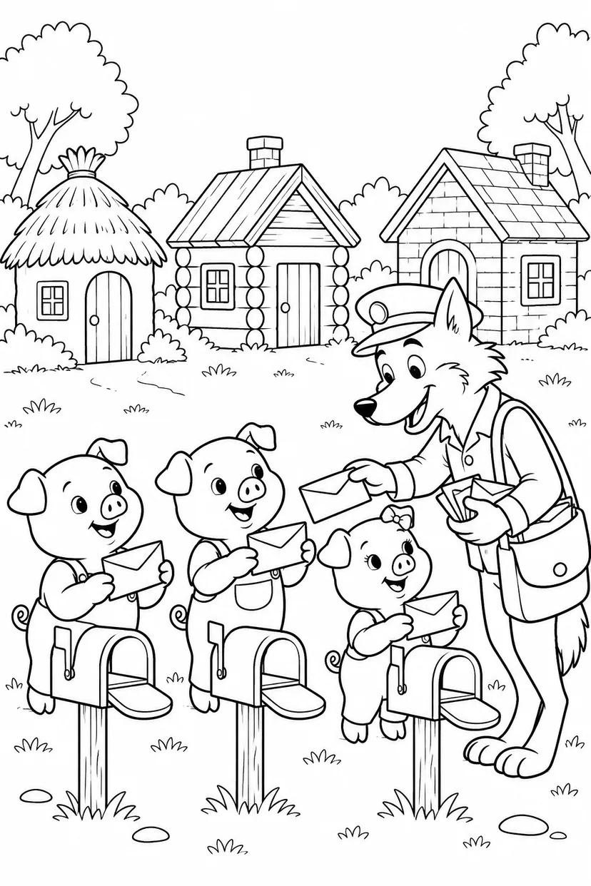 三只小猪：三间小屋的邮递员涂色页