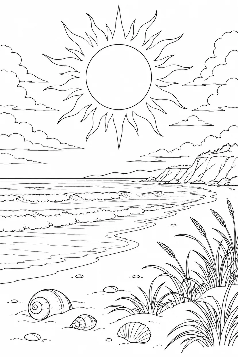 貝殻のある砂浜と日食の光の輪の塗り絵