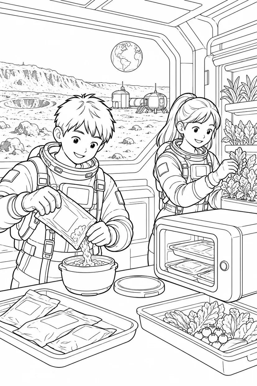 月のクレーター基地：宇宙食を作るキッチンの塗り絵