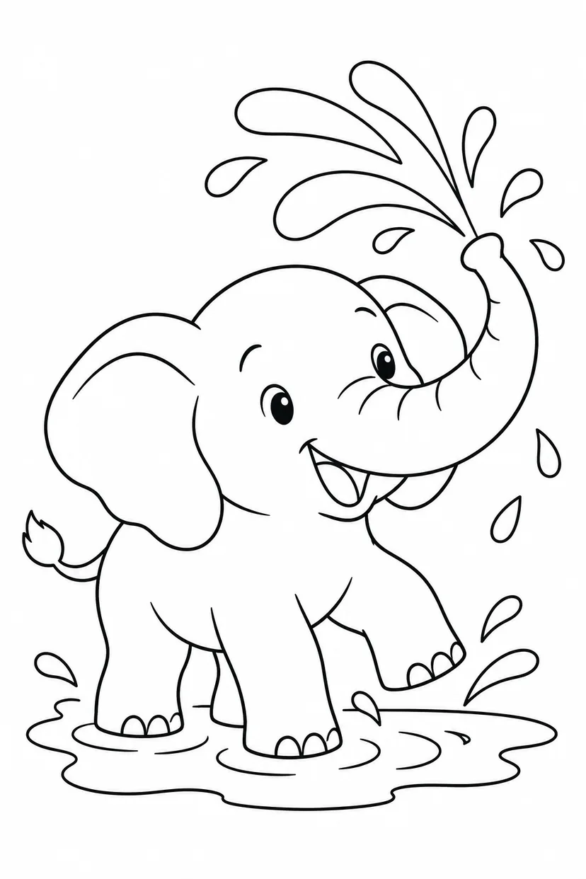 ぞうの水あそびの塗り絵