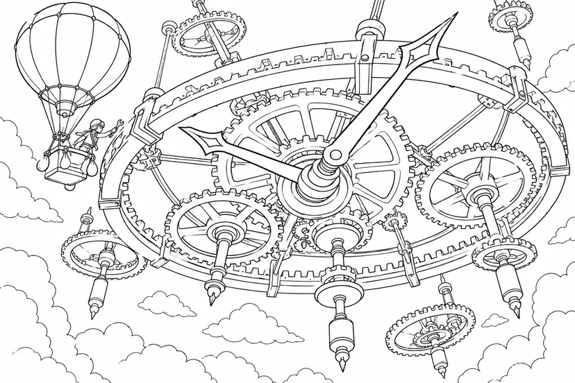 雲のない空に浮く巨大な時計の塗り絵