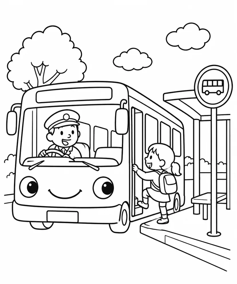 バスとバス停の塗り絵