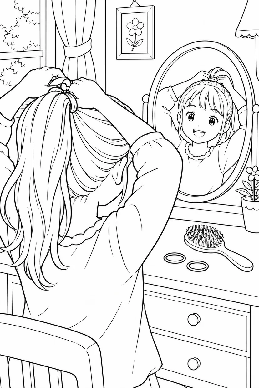 鏡の前でポニーテールの塗り絵