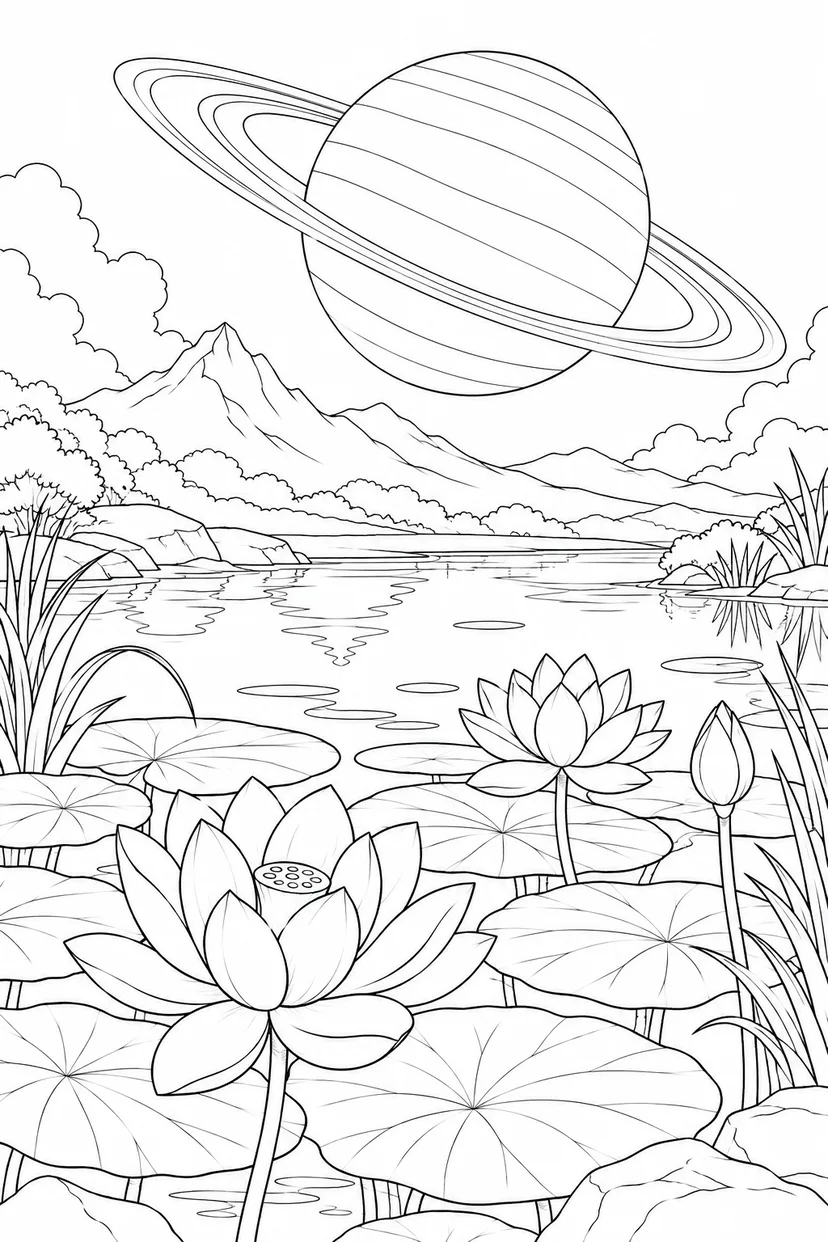 蓮の葉の池と環のある惑星の塗り絵