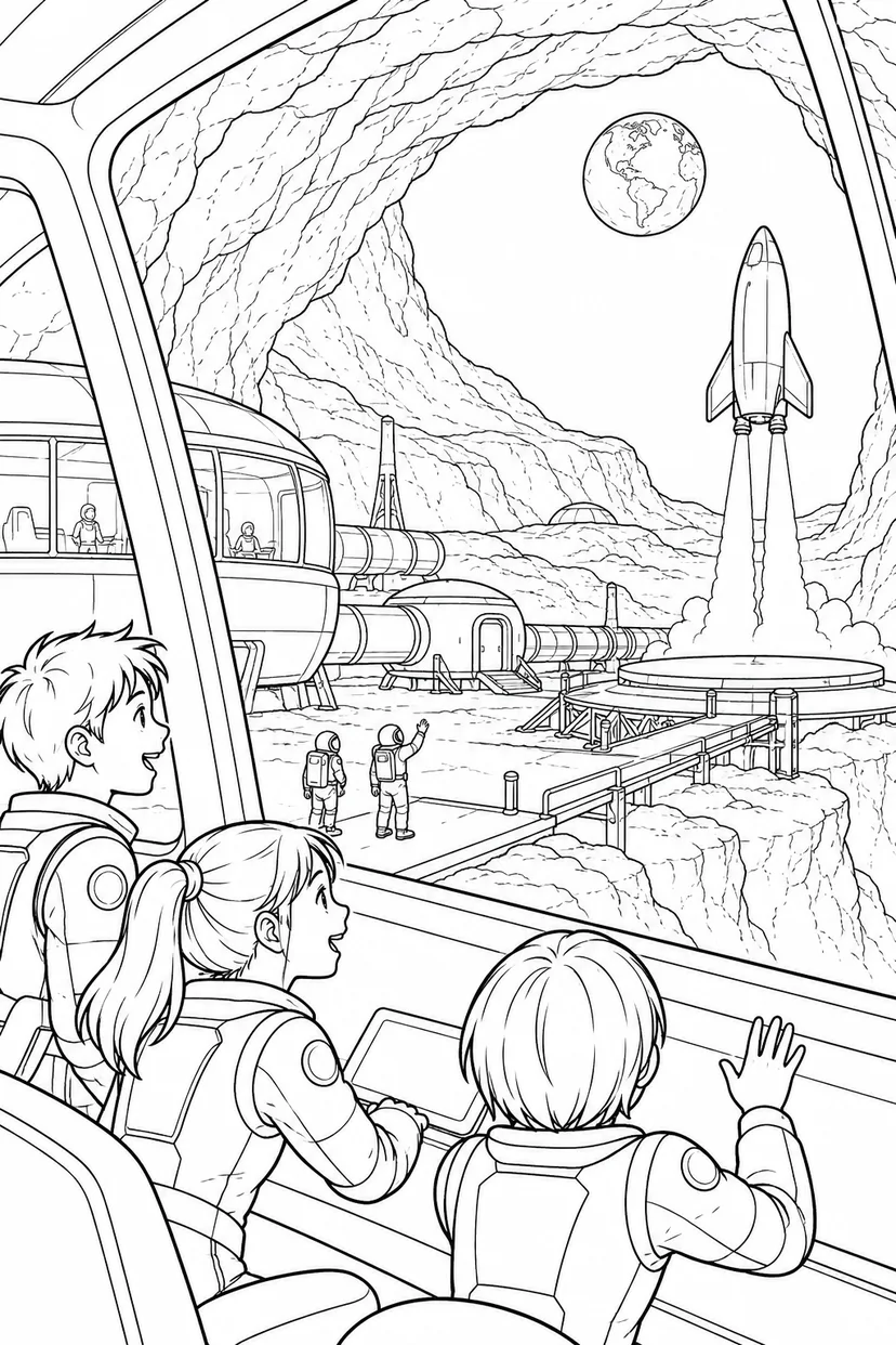 月の溶岩洞基地：小型宇宙船の発進の塗り絵