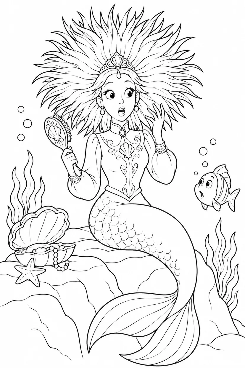 人魚姫：ブラシで髪がウニみたいの塗り絵