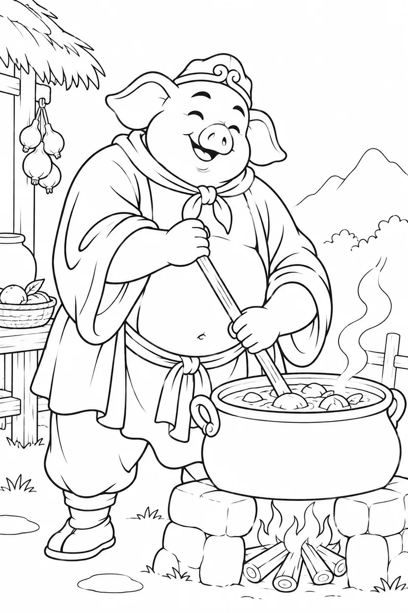 ほっこり西遊記：八戒と旅の料理鍋の塗り絵