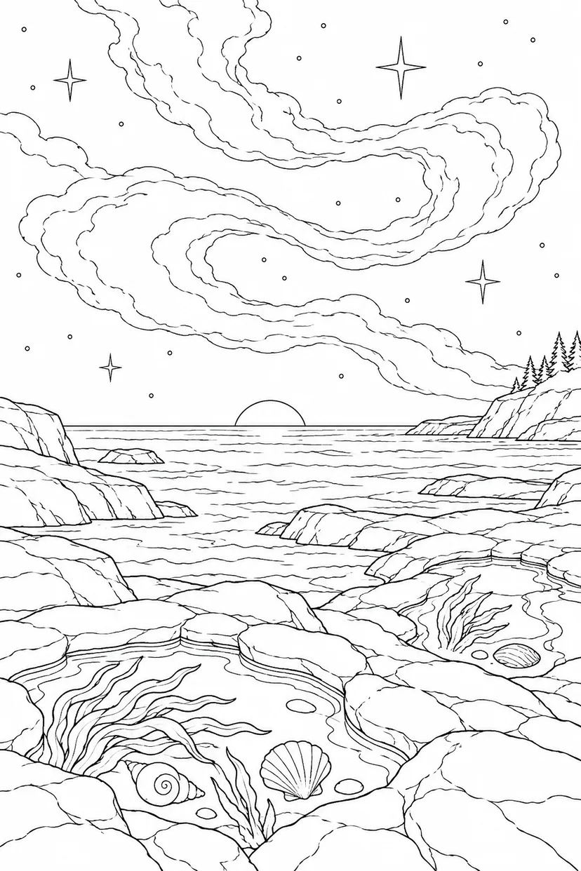 潮だまりの岩礁と星雲のゆらめきの塗り絵