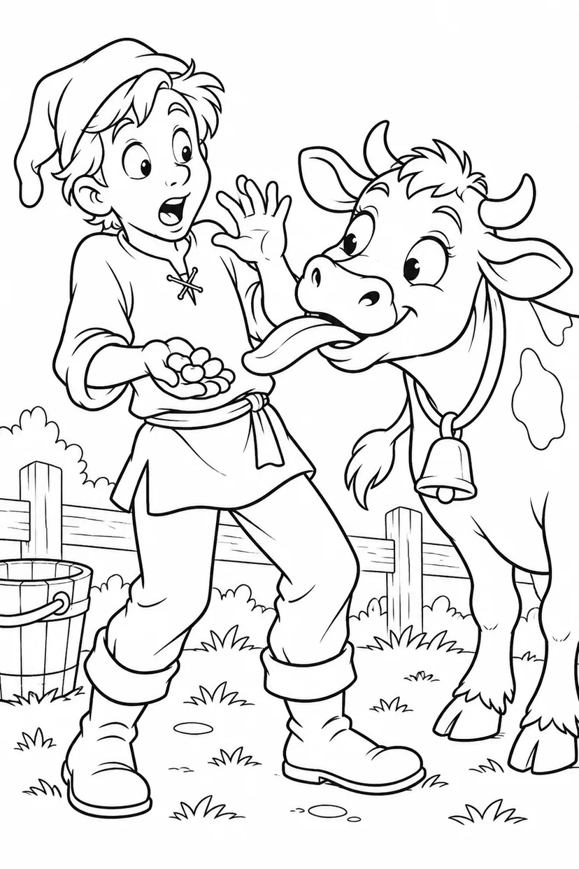 Jack and the Beanstalk・Comedy — The cow wants the magic beans coloring page