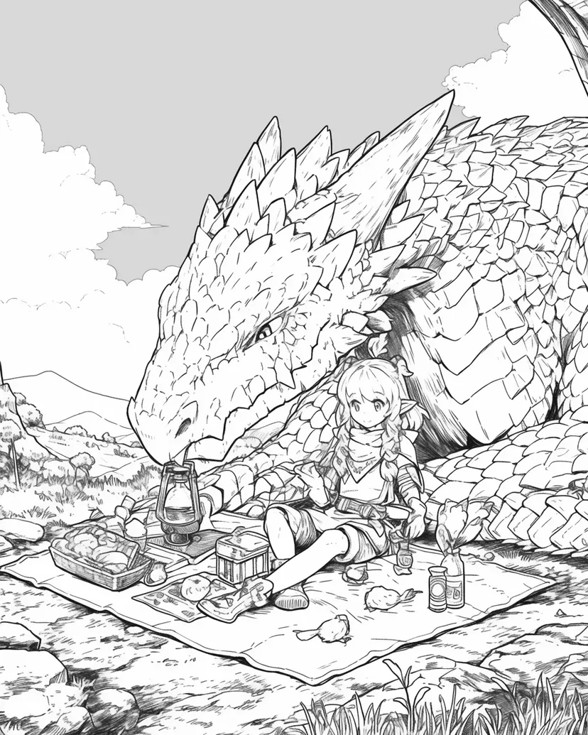 ドラゴンとピクニックの塗り絵