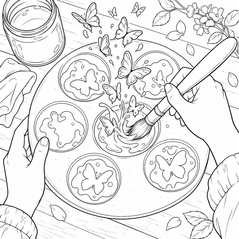 魔法の絵の具を混ぜる手の塗り絵