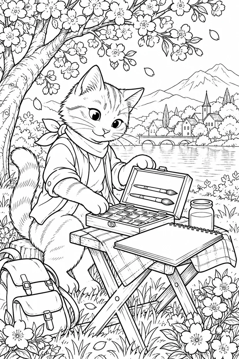 春のねこの旅する画材箱の塗り絵