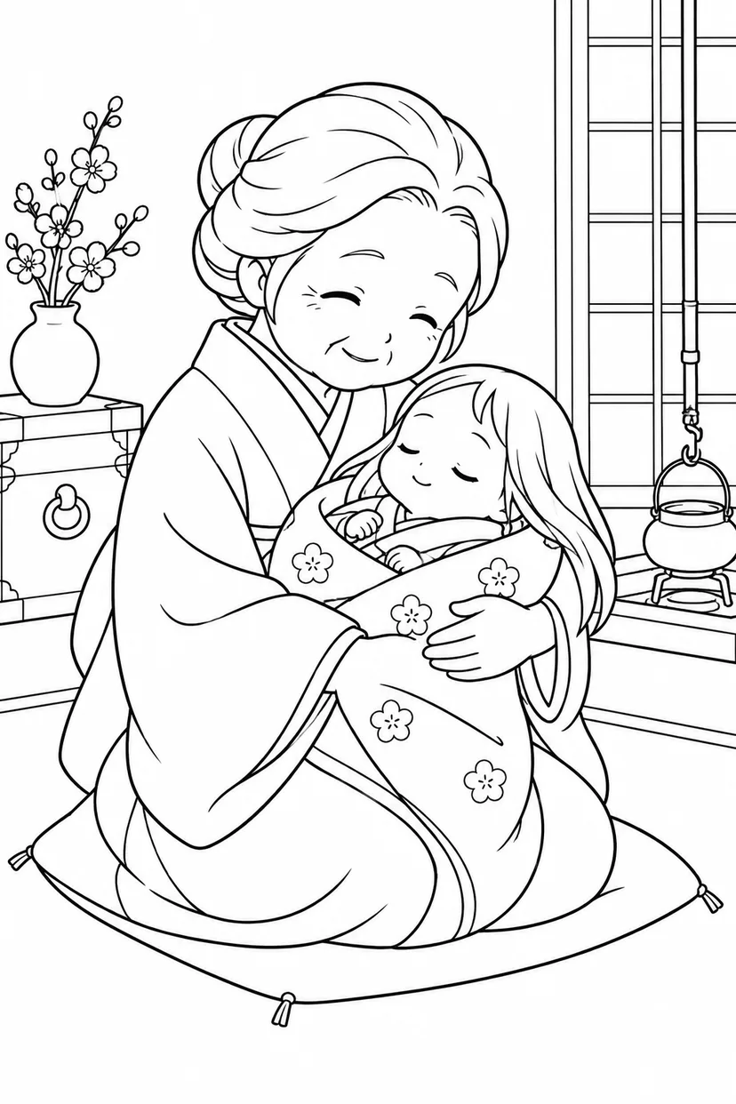おばあさんの腕ですやすやかぐや姫の塗り絵