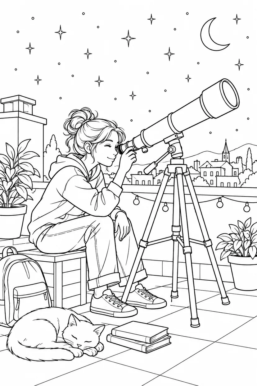 望遠鏡をのぞく屋上の学生の塗り絵