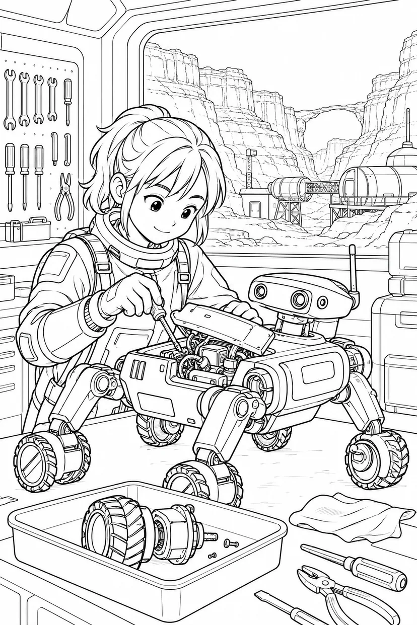 火星の峡谷基地：ロボットの整備工房の塗り絵