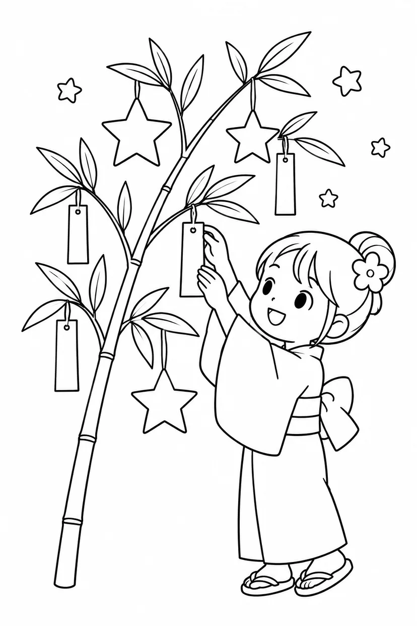 七夕と星のかざりの塗り絵