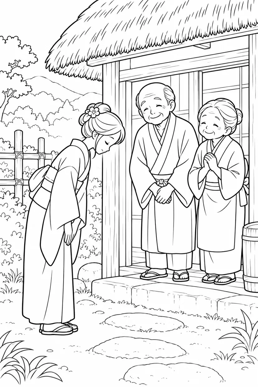 つるの恩返し：玄関でやさしいお別れの塗り絵