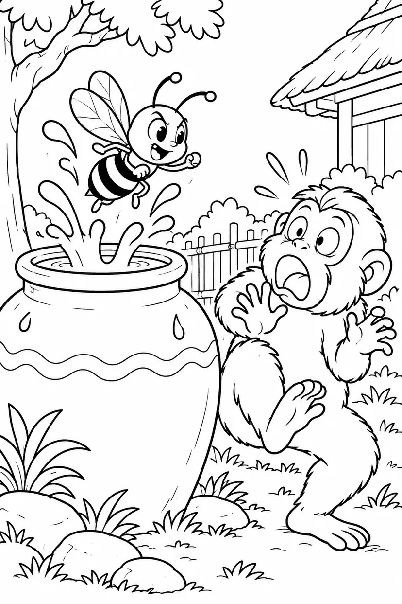 さるかに合戦 ギャグ：水がめから現れる蜂の塗り絵
