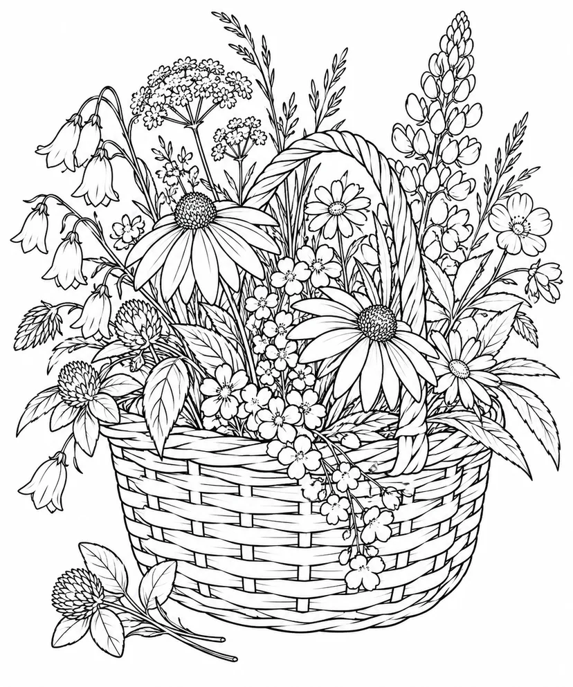 観察スケッチ：野の花を入れたかごの塗り絵
