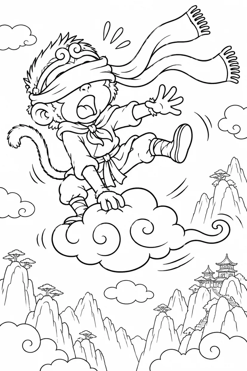 どたばた西遊記：雲に乗る孫悟空の塗り絵