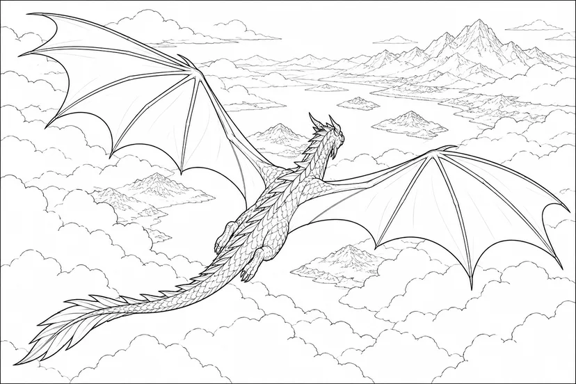 Coloriage Dragon au-dessus d’une mer de nuages