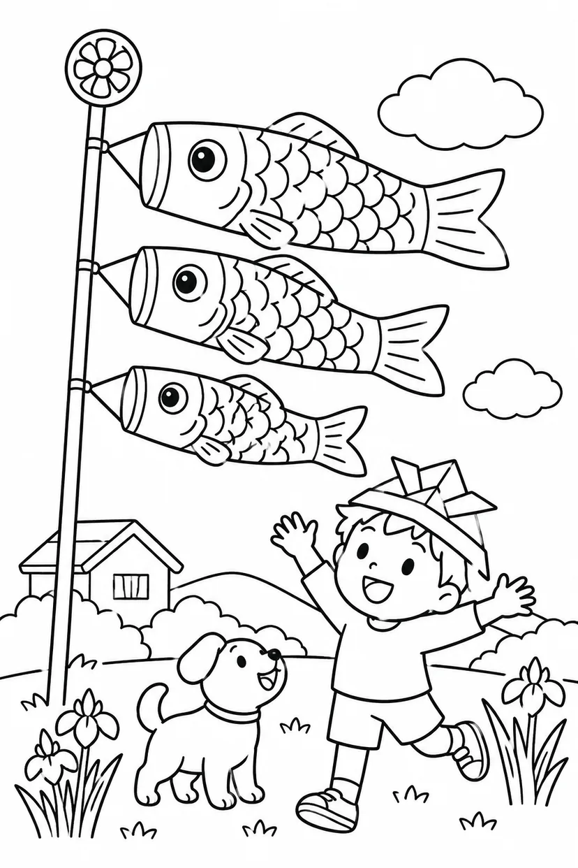 こどもの日とこいのぼりの塗り絵