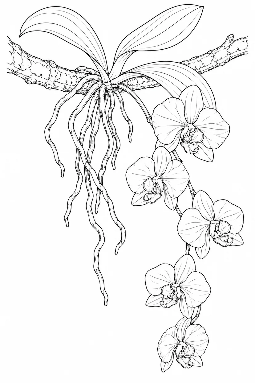 Coloriage Orchidée suspendue à une haute branche