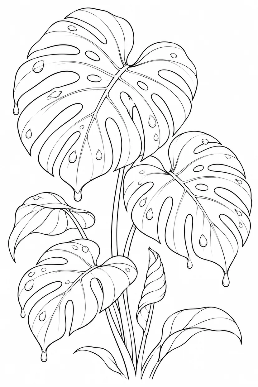 雨粒を宿すモンステラの葉の塗り絵