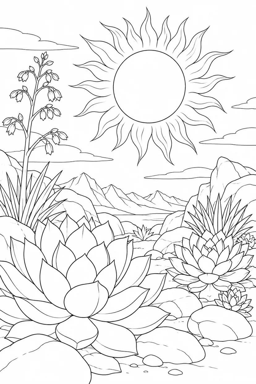 多肉植物の岩庭と日食の光の輪の塗り絵
