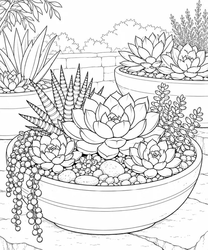 自然のひとこま：多肉植物の葉のロゼットの塗り絵