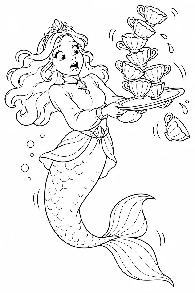 人魚姫：貝カップてんこ盛りのお盆の塗り絵