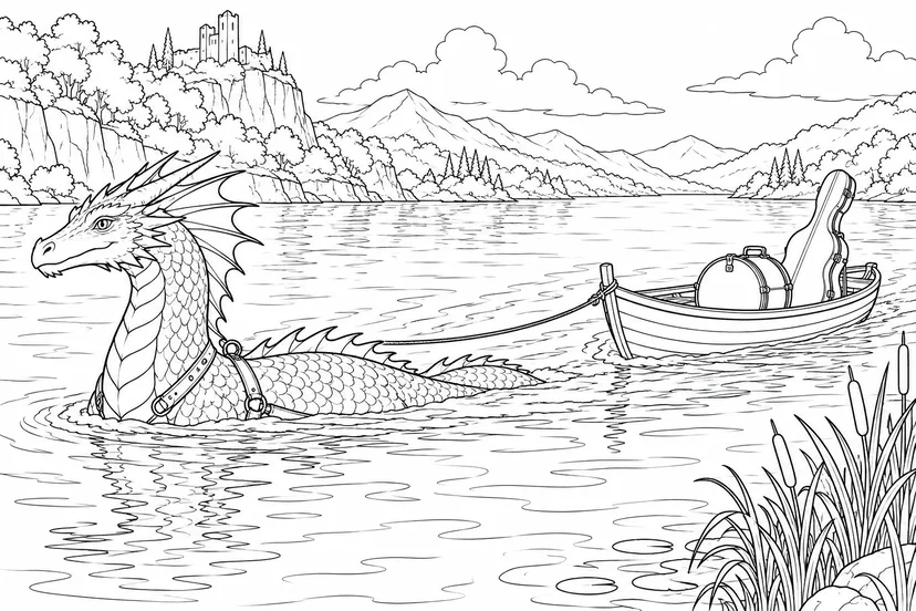 楽器を積んだ舟を引く竜の塗り絵