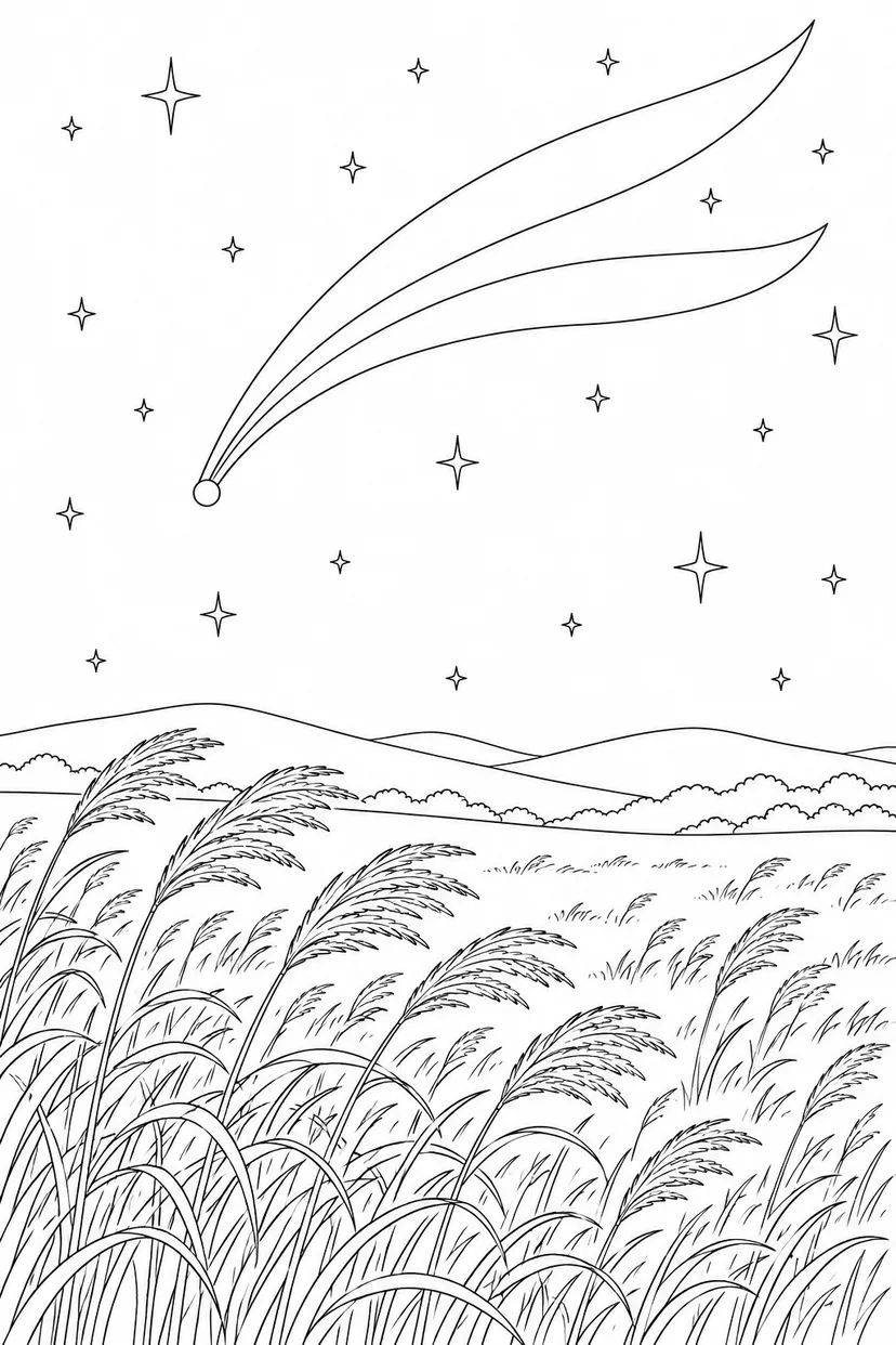 ススキの草原と尾をひく彗星の塗り絵