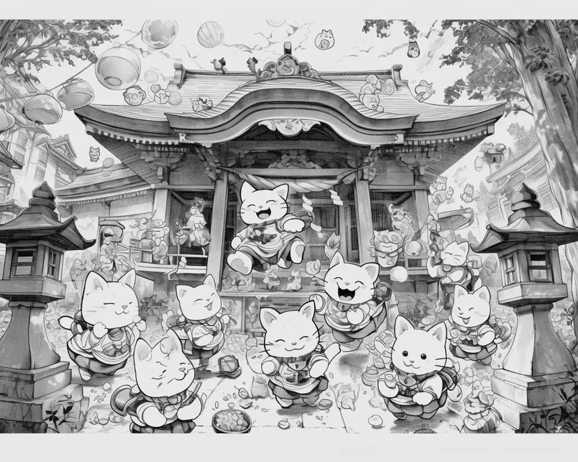 神社の境内で遊ぶ招き猫たちの塗り絵