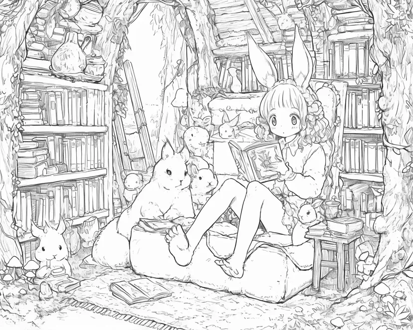 森の図書館で本を読むウサギの少女の塗り絵