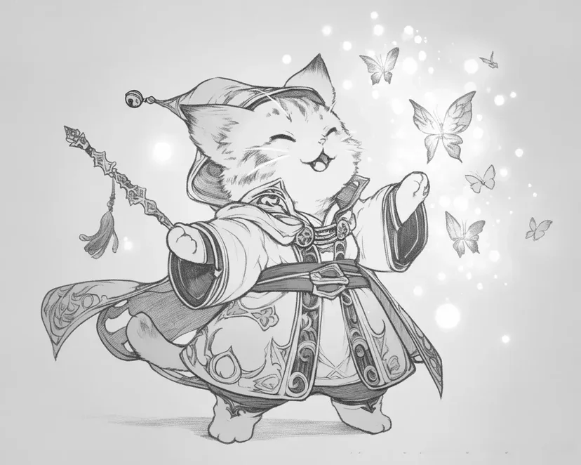 Desenho de Gato Mágico e Borboletas para colorir
