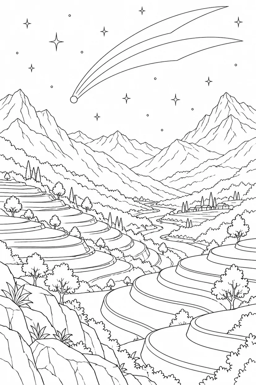 段々畑の谷と尾をひく彗星の塗り絵