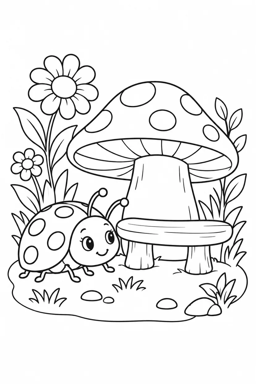 てんとう虫ときのこのベンチの塗り絵